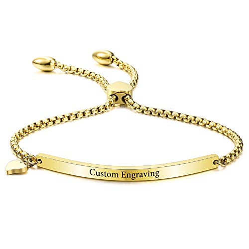 VIBOOS Personalized Bracelet Engraving Name Date for Women Girls Custom Stainless Steel Bangle with Adjustable Link Chain Heart Tag Bridesmaid Best Friend Jewelry Gifts
