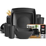 Teivio 16-piece Plastic Wheat Straw Square Dinnerware Set for 4, Unbreakable Dinner Plates, Salad Plates, Snack Bowls, Tumblers 13.5 oz, Dishwasher Safe, Kitchen Outdoor Camping,Black