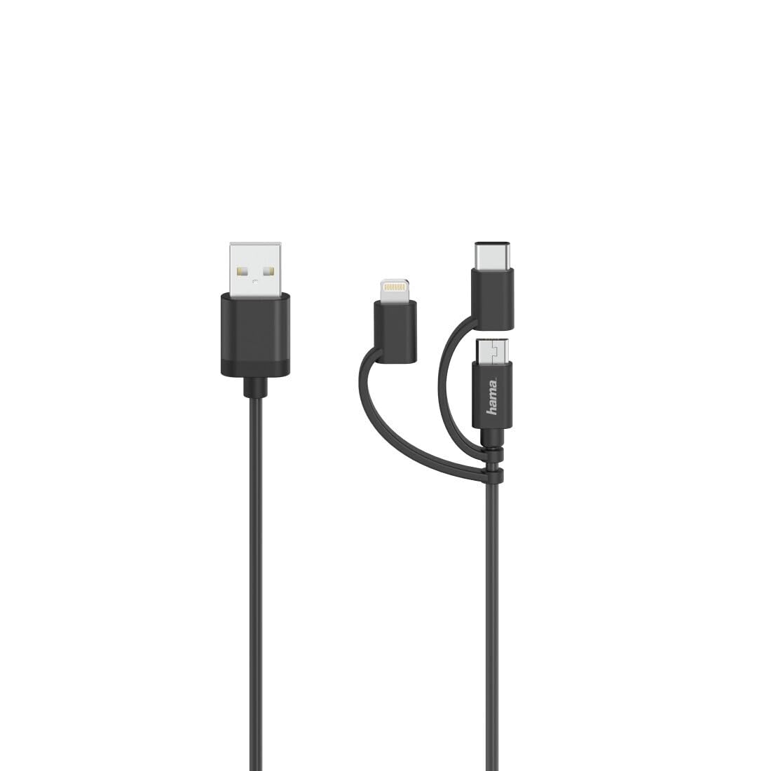 Hama Micro-USB-Kabel 3in1 | Adapter auf USB-C & Lightning, USB 2.0, 0,75 m, Schwarz