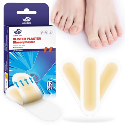 AnjoCare Plaster na pęcherze do stóp, 12 sztuk niewidocznych hydrokoloidowych żelowych opatrunków na pęcherze, wodoodporne plastry na pęcherze na palce, zapobieganie i regeneracja pęcherzy na piętach