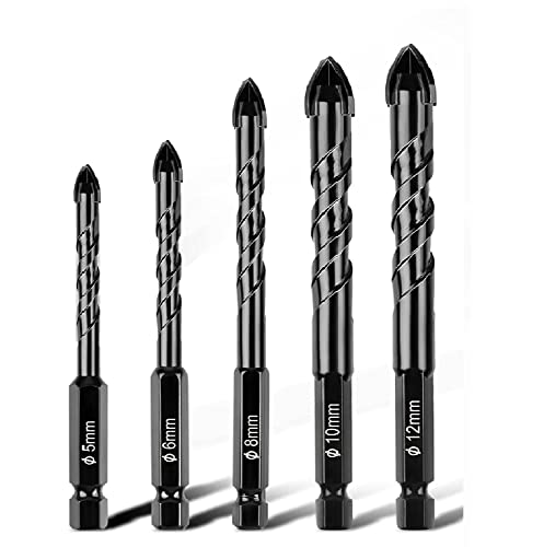 Lot de 5 forets à maçonnerie pour carrelage, brique, verre, plastique et bois, carreaux de céramique, miroir mural (5 mm, 6 mm, 8 mm, 10 mm, 12 mm) Cover