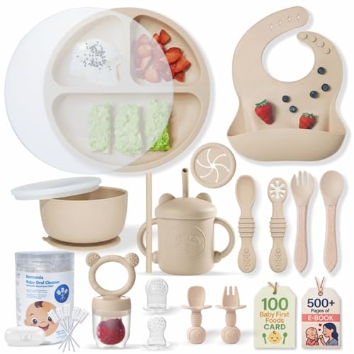 Image of Remonda 23-Piece BPA-Free Silicone Baby Feeding Set | Extra Large Suction Plates, Toddler Bowls, Self Feeding Spoons, and More | Dishwasher Safe| Baby Led Weaning Supplies (Beige) A1