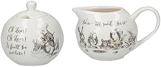 V&A 5227082 Alice in Wonderland Fine China Milk Jug and Sugar Bowl Set with Decorative Illustrations (2 Pieces) - White, 18 x 7.5 x 7 cm
