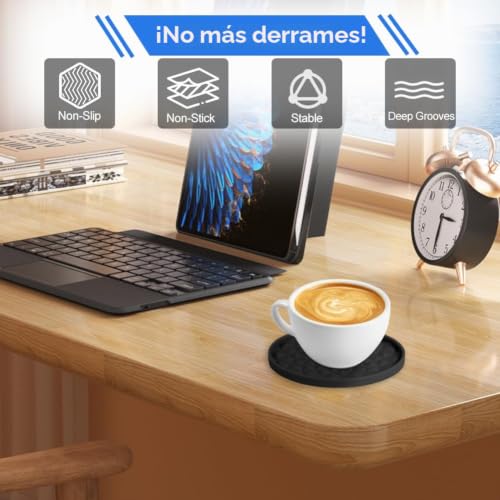 Miniatura 4 de Auauy 6 Piezas Posavasos De Silicona, Antideslizante Aislante Redonda Posavasos Diseño Engrosado 0,28 Pulgadas Con Base Para Tazas Café, Tazas Té, Vasos - Negro