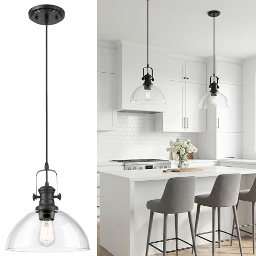 Image of Large Pendant Lights Kitchen Island, 10.5 inch Farmhouse Black Pendant Lighting with Clear Glass Shade, Vintage Hanging Light Fixtures for Dining Room Entryway, Adjustable Cord, AD-22151-1PL-BK-C