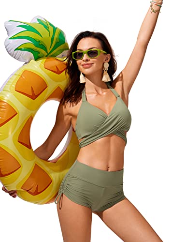 Crz Yoga Womens Swim Shorts - High Waisted Bathing Suit Bottoms Adjustable Ruched Side Board Shorts Swimsuit Boy Shorts Moss Green Small #TOP2