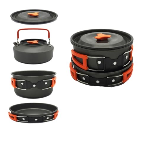 BRIGHTFUFU 1Set Portable Camping Cookware Person Durable Camping Pot Teapot Cooking Utensils for Outdoor BBQ Hiking Backpacking Orange