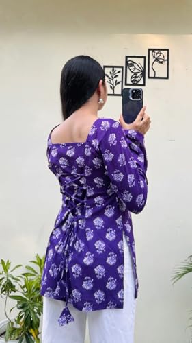 Image of Women's Rayon Printed Short Kurti | Straight Fit Casual Ethnic Top | Square Neck Full Sleeve Ladies Kurti Office College