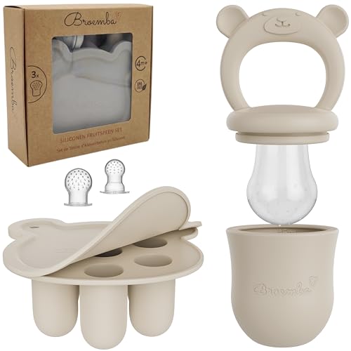 Broemba Fruchtsauger Baby & 3 Schnuller mit Eisform Set - Beiger Silikon...
