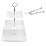 3 Tier Square Porcelain Cake Stand with Sugar Tongs - Party Food Server Display Set - Three Tier Dessert Stand - Perfect for your Tea Party, Baby Shower and Dessert Table - (White)