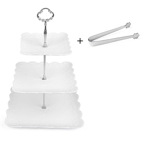 3 Tier Square Porcelain Cake Stand with Sugar Tongs - Party Food Server Display Set - Three Tier Dessert Stand - Perfect for Your Tea Party, Baby Shower and Dessert Table - (White)