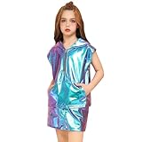 Perfashion Girls Vest Size 10-12 Metallic Blue Leather Vest Hip Pop Dance Rave Outfits Kangaroo Pocket