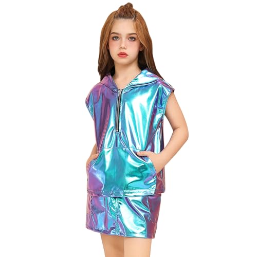 Perfashion Girls Vest Size 10-12 Metallic Blue Leather Vest Hip Pop Dance Rave Outfits Kangaroo Pocket