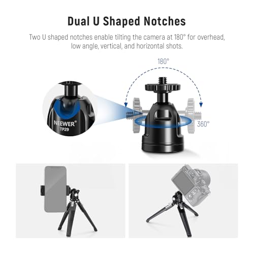 Image of NEEWER Mini Desk Tripod, Metal Table Top Small Portable Travel Selfie Stick Stand with 360 Ball Head & 1 /4 inch Screw for Camera Mobile Phone Holder Action Cam, Cleaning Cloth, Max Load 6.6 lbs, TP29
