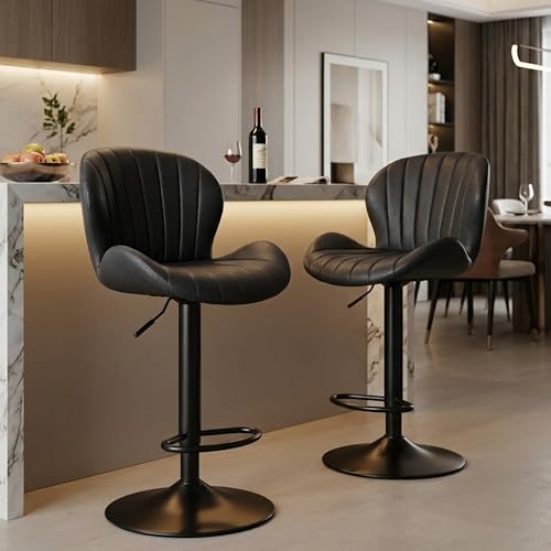 Image of HealSmart Bar Stools Set of 2, Adjustable Counter Height Swivel Stools, Modern Fabric Upholstered Bar Chairs with Backrest for Kitchen Island, Home Bar & Dining Area, Black