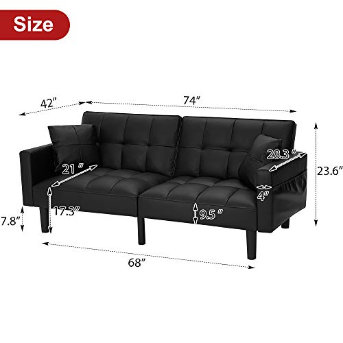 Homhum Convertible Sleeper Sofa Bed Modern Leather Couch Bed Futon Sofa Bed With 2 Pillows For Living Room, Apartment, Guest Room, Luxury Black #TOP1