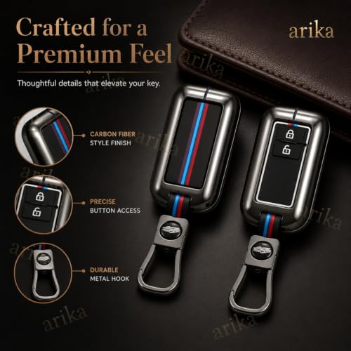 Image of Arika Premium Metal Car Key Cover Compatible with Maruti Suzuki Baleno Swift Dzire Brezza Fronx Grand Vitara XL6 Ertiga Celerio Ignis & Toyota Glanza Hyryder Rumion Smart Key Protector Case Black