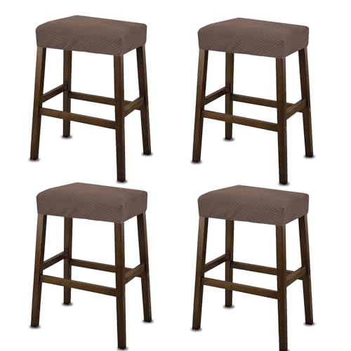 Image of NeColorLife Rectangle Bar Stool Covers Waterproof,Light Coffee,4 Pack | Stretch Saddle Seat Covers for Counter Height, Kitchen Island, and Vanity Bar Stools, Protecting Seats from Daily Wear