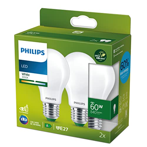 Philips Lot de 2 ampoules LED ultra efficaces Classe énergétique A [Blanc 3000 K – Culot à vis Edison E27] 60 W A60 givré pour éclairage intérieur de la maison.