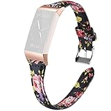 Shangpule Bands Compatible Fitbit Charge 3 for Women, Slim Premium Leather Band Flower Design Replacement Strap Accessories for Charge3 Large Small (Colorful Flower 2 with Rose Gold connectors)