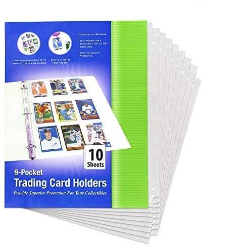 Emraw Top Loading 9 Pockets Sports Card Holder fits 3.5" x 2.5" Sized Card with 11 Holes Holders Made to Fit Various Type of Ring Binders Holds up to 180 Cards - 10 Per Pack (Pack of 4) -