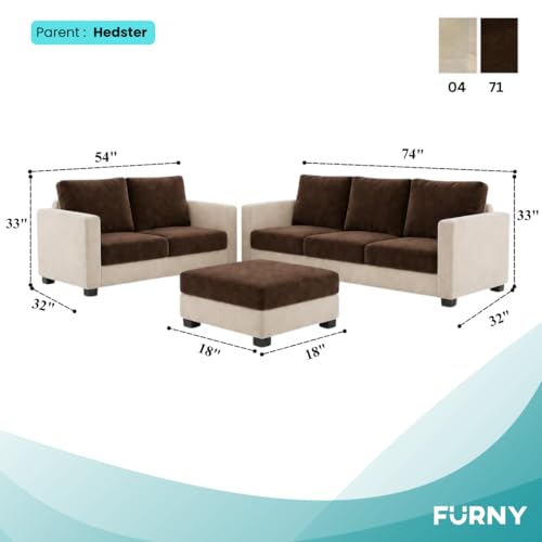Image of FURNY Haster 3 Seater + 2 Seater Fabric Sofa Set with 1 Ottoman (Dark Brown-Cream) with Velvet Finish | Durable Comfort | Ideal for Living Room