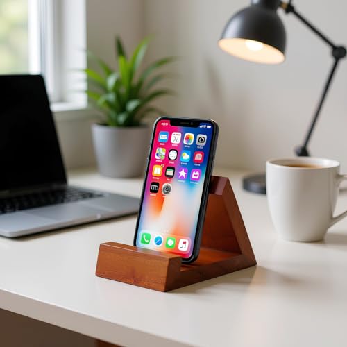 Image of Amazon Brand - Solimo Wooden Table Mount Mobile Stand | Multi-Angle Phone & Tablet Holder for Desk, Bedside, Office | Solid Wood Mobile & Tablet Stand for Home, Office & Online Classes (Honey Finish)