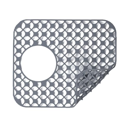iAnomla Silicone Sink Mat, 34x30cm, Non-Slip Sink Protectors for Kitchen Sink, Mats Counter Protector for Bottom of Kitchen Sink, Dishes and Glassware Drain Mat - Grey（with Hole）