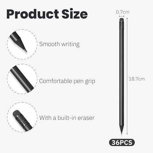 FloraVigo 36 Stück matt schwarze Bleistifte Holzbleistifte，Inklusive Radiergummi, HB-Bleistift, vorgespitzt, 18,7 cm lang, geeignet für Büro, Schule, Schreiben und Skizzieren.