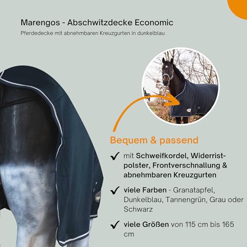 Foto von Marengos - Abschwitzdecke Economic mit Kreuzgurten (abnehmbar) | Pferdedecke mit Frontschnalle, Schweifkordel & Widerristpolster | atmungsaktive Fleecedecke | Pferde Zubehör in Dunkelblau | 135cm