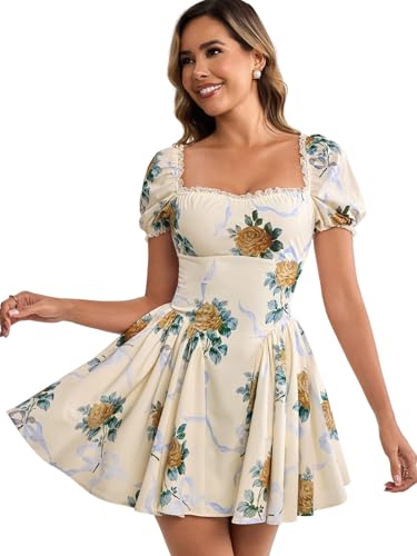 Image of Parthea Women's Floral Square Neck Mini Dress Lace Puff Sleeve Off Shoulder Smocked Flowy A Line Summer Dresses for 2026