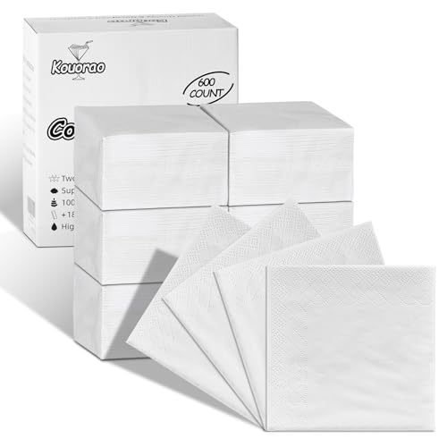 Kouorao White Cocktail Napkins - 600 Count Disposable Paper Napkins 2-Ply 4.5 x 4.5 Inch Beverage Napkins Bulk for Dinner Wedding Bar Party and Everyday Use
