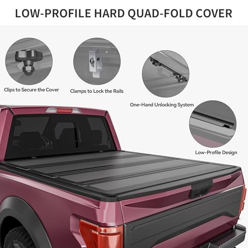 OEDRO Low-Profile Hard Quad-Fold Tonneau Cover Compatible with Toyota Tacoma 2024 2025 2026 (Excl. Trail Edition) 5ft Bed with Tacoma Bed Rail, One-Handed Quick Release, Drainage Design