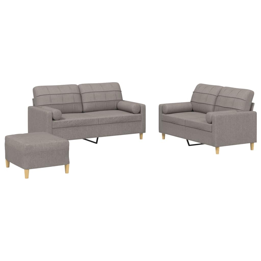 3-częściowy komplet mebli w kolorze szarobrązowym (taupe), 2 x 2-osobowa sofa i podnóżek, wytrzymała rama ze sklejki, wygodna tapicerka, nowoczesny zestaw mebli do salonu