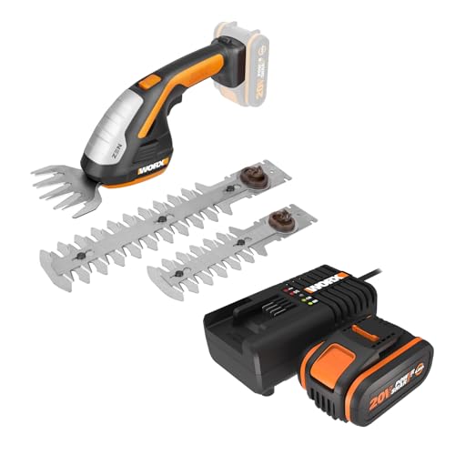 WORX Set Sculpte-Haies et Taille-Herbes sans Fil 20V WG801E.9 + kit Batterie 4Ah, Chargeur Rapide, sculpteur de végétaux, Lame 200 mm, Outil 3 en 1, livré...