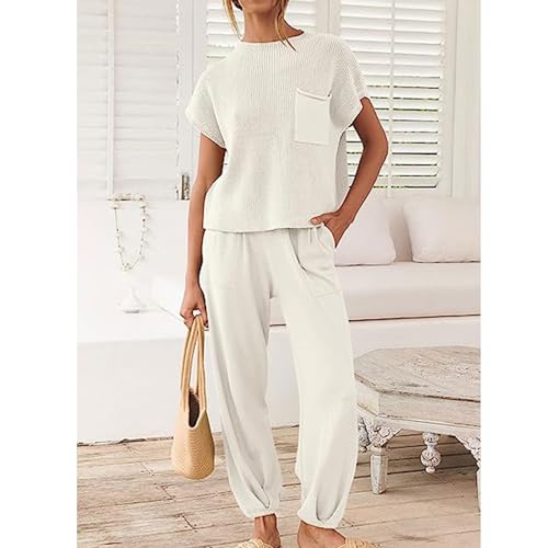 Bestgift Conjunto de suéter feminino de duas peças de malha calças de cintura alta roupas esportivas