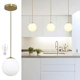 Bagood 8' Globe Pendant Light Gold Mid Century Modern Light Fixture Globe Pendant Lights Kitchen Island Milk Glass Pendant Light Brushed Brass Finished with Milk Glass Lampshade for Dining Room