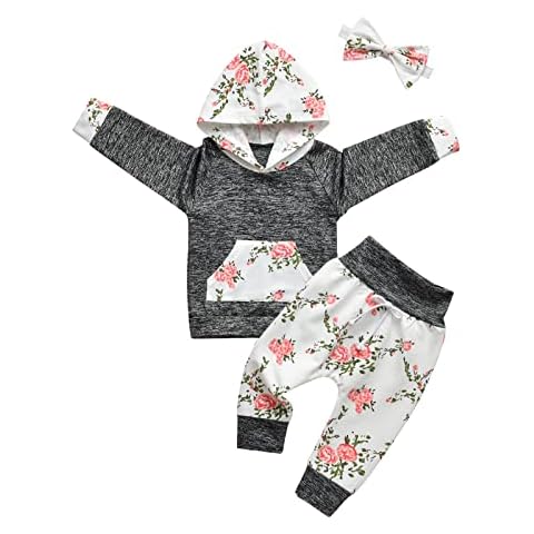 Baby Girl Clothes Tracksuit Hoodie Long Sleeve Tops Floral Pants 3pcs Clothing Sets Grey(12-18 Months) Cover