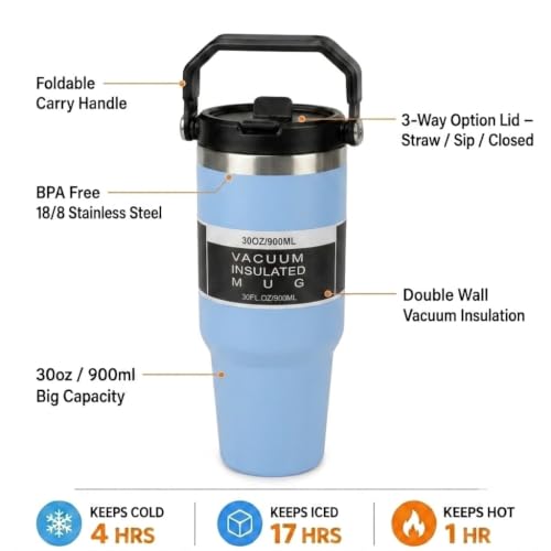 Image of 900ml Insulated Tumbler with Handle and Straw Lid | Stainless Steel Vacuum Mug | Leakproof Water Bottle | Hot & Cold Coffee Tumbler | Drinking Cup for Gym, Office, Car, Camping & Travel (Sky Blue)