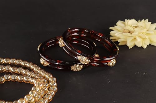 Image of NMII Diamond Glass Bangles Crystal Kada Set For Women & Girls Adorned with Golden Zircon Stones | Trending Girls Bangles Bracelet | Transparent Chudi Kangan For Wedding, Party, Daily, Ethnic- Set of 2