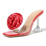 Women's Flower Heels Satin Rose Square Toe High Heeled Mule Dress Party Wedding Sandals Red 37 - US 6.5
