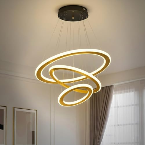 Image of Lamp master Modern 3 Ring LED Pendant Ceiling Light | Gold Finish Ring Chandelier with Warm White Glow | Adjustable Hanging Light for Living Room, Hall, Dining, Lobby | 1 Year Warranty