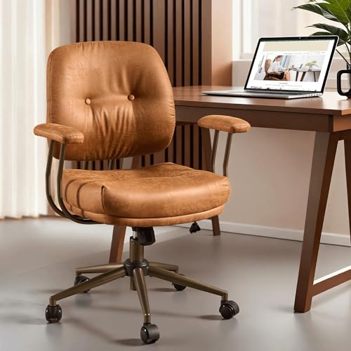 Image of ovios Ergonomic Office Chair, Mid Back Faux Leather Executive Chairs with Thick Cushion, Comfy Mid-Century Modern Swivel Rolling Computer Armchair (Brown, Suede Leather)