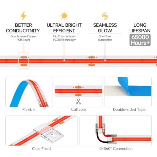 Tira LED Roja FCOB Flexible 16.4ft 480LED/m 8mm Ancho Kit miniatura 3
