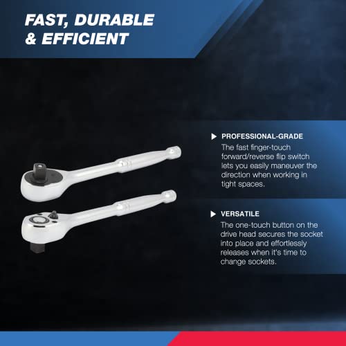 Neiko 03103A 1/2-Inch Drive X 10-Inch Quick Release Ratchet | 72-Tooth, Reversible | Cr-V Steel & 30249A Impact Adapter And Reducer Set | 5 Piece | Standard Sae Socket Adapter Sizes, 1/4, 3/8, 1/2" #TOP3