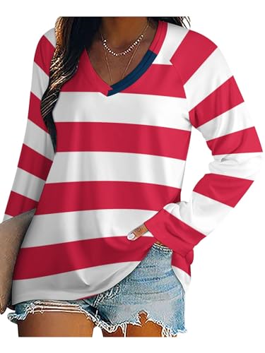 Camiseta Manga Larga Mujer Verano Cuello En V Top Básico Casual Suelto Franjas De La Bandera Liberiana Elegante Pullover Blusas T-Shirts, Informal Tallas Grandes Holgada Túnica