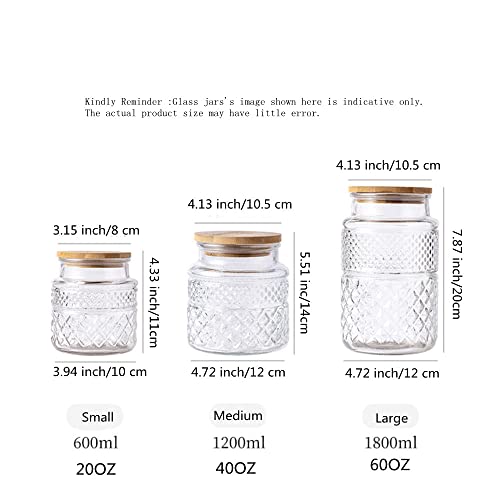 Glass Storage Jars Vintage Embossed Glass Canisters , Livejun Food Cereal Storage Containers With Bamboo Lid , Decorative Jars For Kitchen Counter,Pantry ,Set 3-Piece Glass Jars In 60 Oz/40 Oz/20 Oz (Round) #TOP5