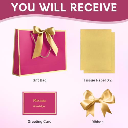 Image of JMANNI Gift Bags with Handles, 13 inch Medium Gift Bags with Tissue Paper | 1 Pcs Rose Red Bag, 2 Tissue Paper and 1 Cards, for Baby Shower, Wedding Bridal Shower, Birthday Party