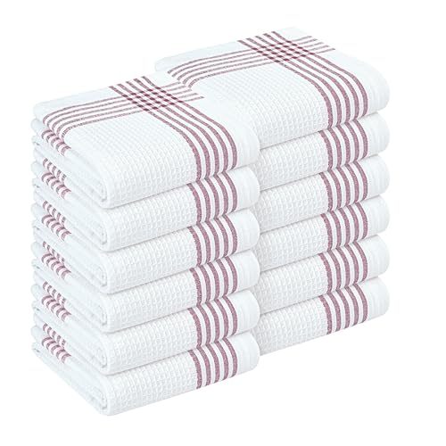 HEIRLOOM COMFORT Burgundy and White Waffle Kitchen Towels 12 Pack, 100% Cotton, 16x26 Inch, Absorbent, Quick Dry, Durable Dishcloths for Wiping, Cleaning, Machine Washable, Kitchen, and Cooking Use