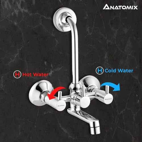 Image of ANATOMIX Slim Brass Wall Mixer for Bathroom with Stainless Steel 125mm Long L-Bend Provision for Overhead Shower, Chrome Finish (Bath Mixer System)